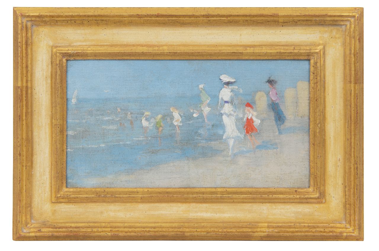 Steenwijk H. van | Hendrik van Steenwijk | Schilderijen te koop aangeboden | Strandgezicht met badgasten, olieverf op doek op board 13,2 x 24,2 cm