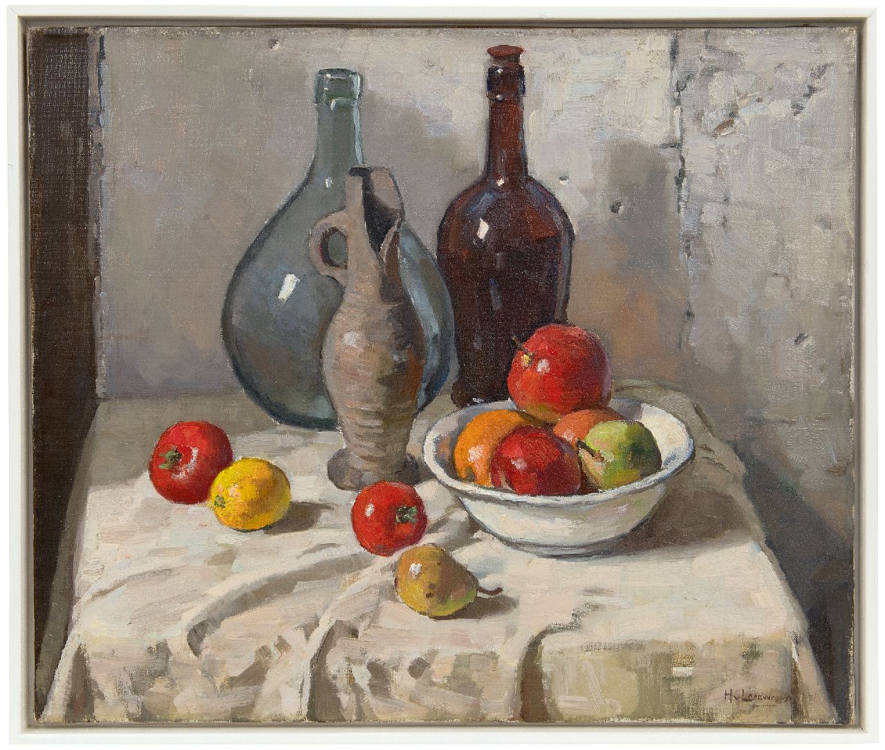 Leeuwen H. van | Hendrik 'Henk' van Leeuwen | Schilderijen te koop aangeboden | Stilleven met flessen en fruit, olieverf op doek 50,1 x 60,2 cm, gesigneerd rechtsonder