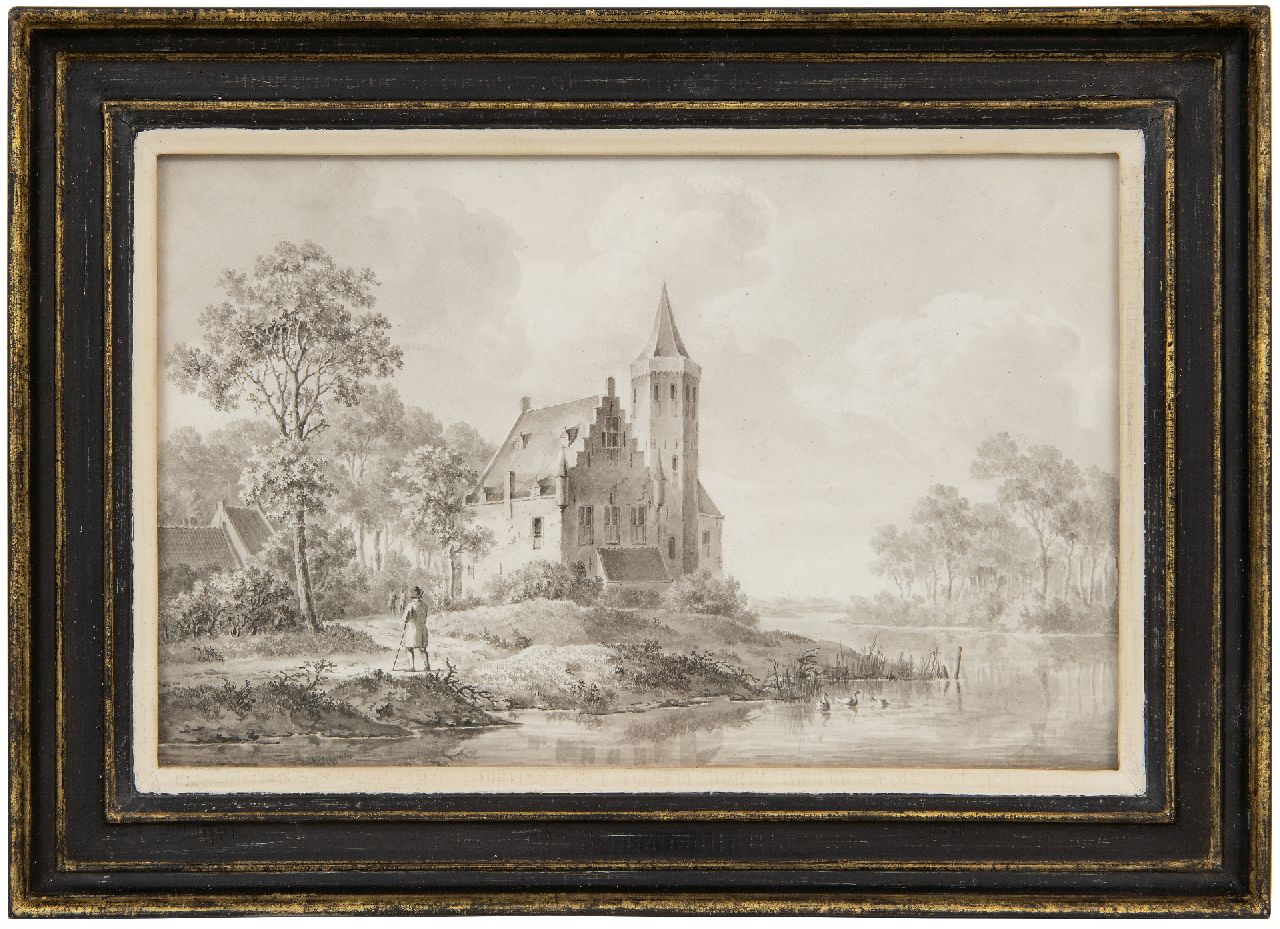Koekkoek B.C.  | Barend Cornelis Koekkoek | Aquarellen en tekeningen te koop aangeboden | Reizigers bij een kasteel op de rivieroever, gewassen inkt op papier 18,0 x 27,5 cm