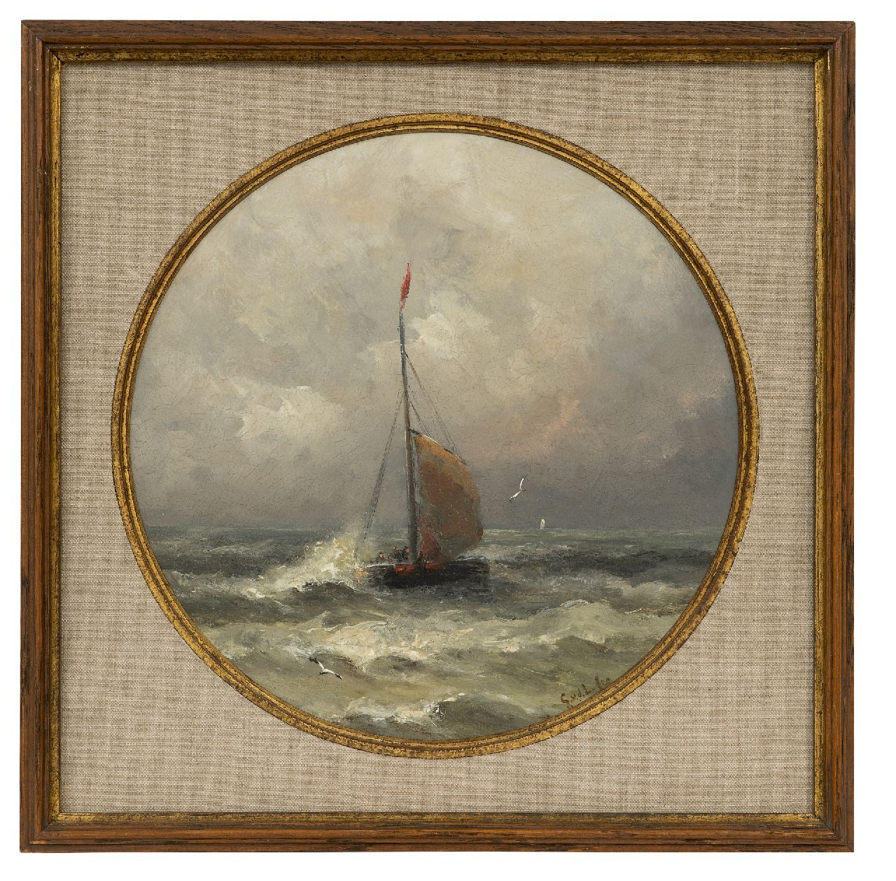 Laan G. van der | Gerard van der Laan | Schilderijen te koop aangeboden | Aankomende bomschuit, olieverf op porselein 28,3 x 28,3 cm, gesigneerd rechtsonder met initialen