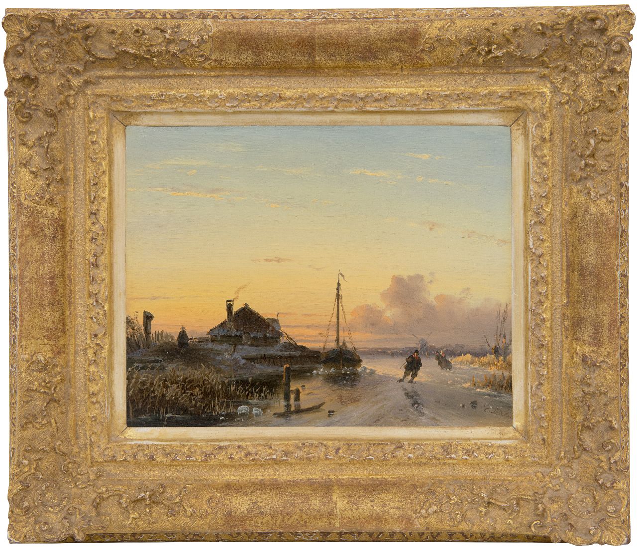 Leickert C.H.J.  | 'Charles' Henri Joseph Leickert | Schilderijen te koop aangeboden | Schaatsers op het ijs bij ondergaande zon., olieverf op paneel 17,0 x 21,0 cm, gesigneerd rechtsonder en te dateren ca. 1850