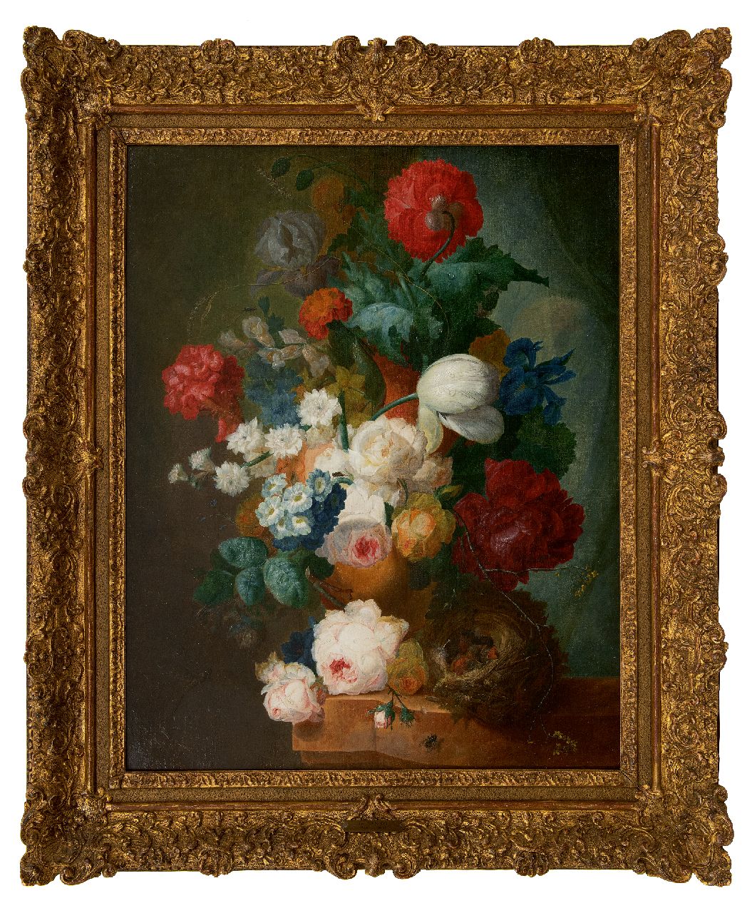 Os J. van | Jan van Os | Schilderijen te koop aangeboden | Stilleven met rozen, papavers en vogelnestje, olieverf op doek 66,3 x 55,0 cm, gesigneerd rechtsonder (draagt sleetse signatuur)