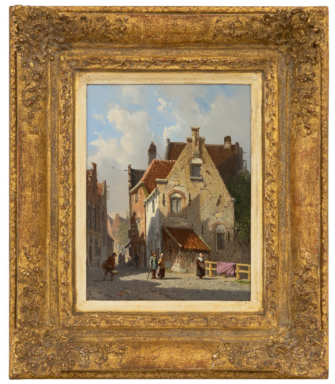 Eversen A.  | Adrianus Eversen | Schilderijen te koop aangeboden | Zonnig straatje met figuren, olieverf op paneel 19,1 x 14,5 cm, gesigneerd linksonder met monogram