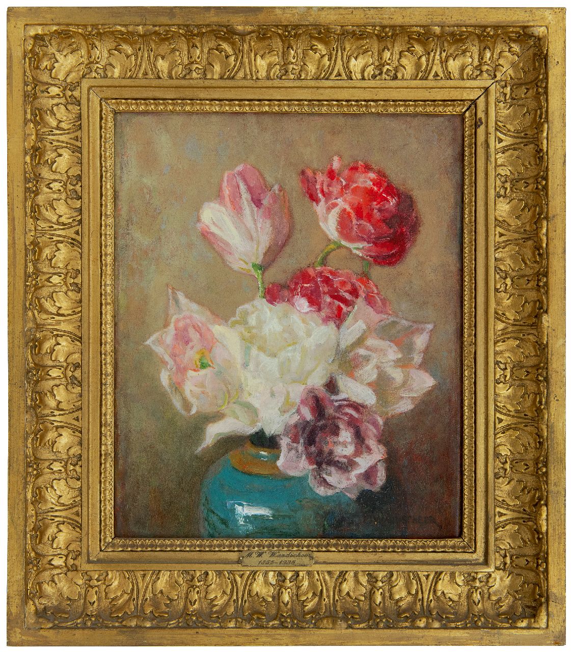 Wandscheer M.W.  | Maria Wilhelmina 'Marie' Wandscheer, Dubbele tulpen in gemberpot, olieverf op doek 30,0 x 23,8 cm, gesigneerd rechtsonder