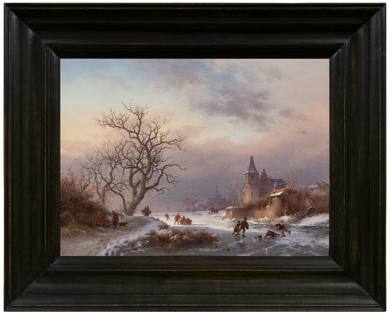 Kruseman F.M.  | Frederik Marinus Kruseman | Schilderijen te koop aangeboden | Winterlandschap met schaatsers op een bevroren rivier, olieverf op paneel 29,0 x 39,0 cm, gesigneerd linksonder en gedateerd 1855