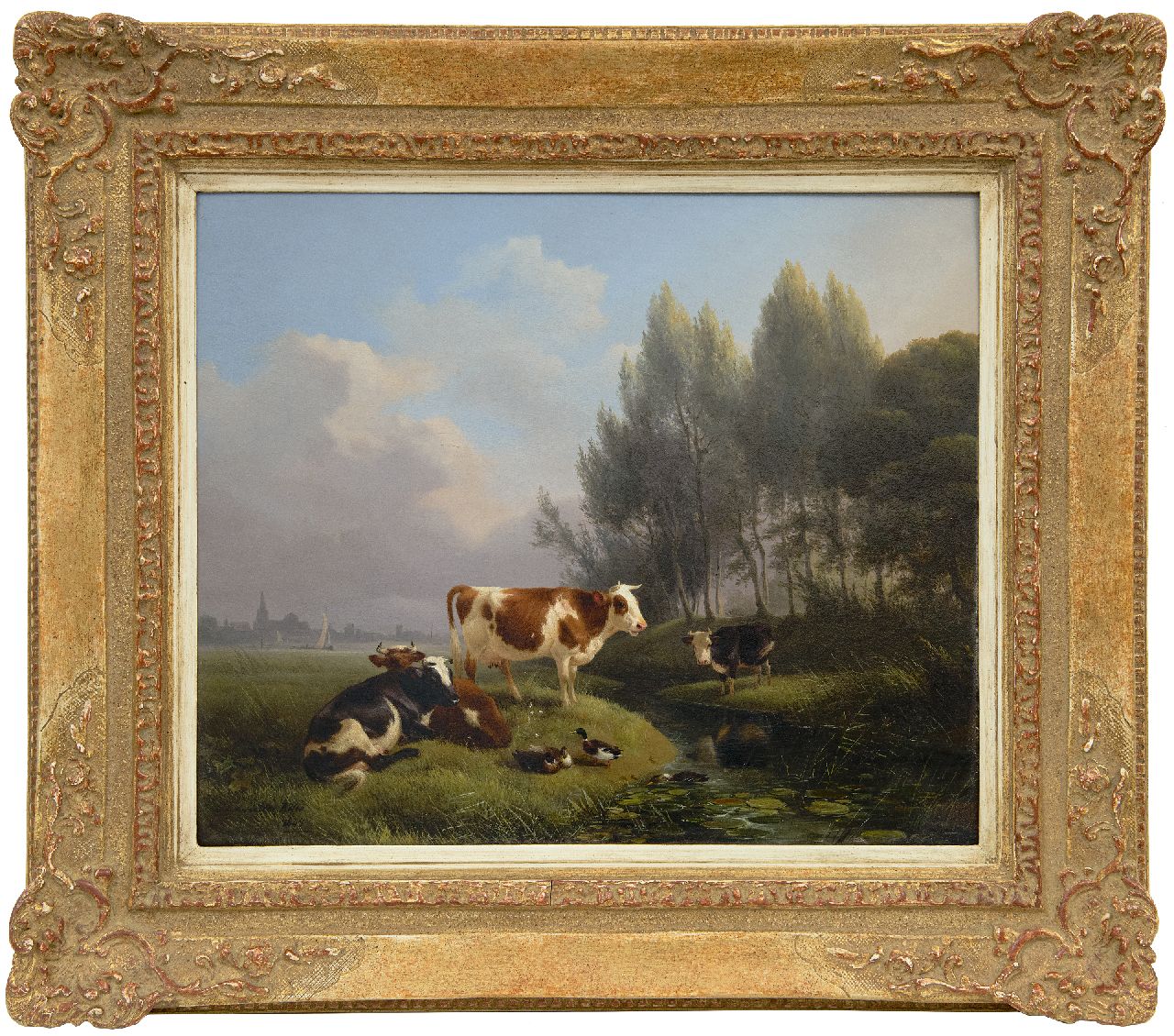 Ronner-Knip H.  | Henriette Ronner-Knip, Rustend vee in een wei, Den Bosch in de verte, olieverf op paneel 33,0 x 39,2 cm, gesigneerd linksonder en gedateerd 1845