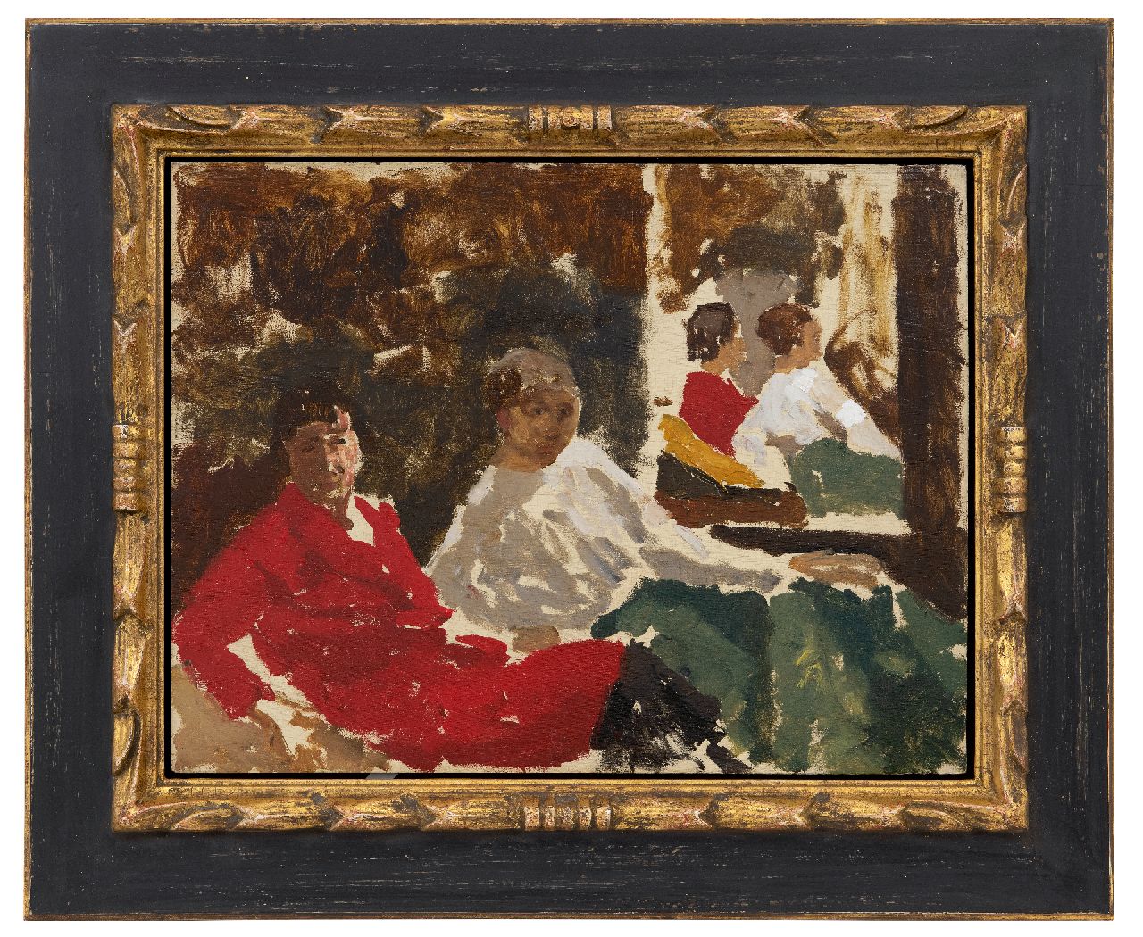 Breitner G.H.  | George Hendrik Breitner | Schilderijen te koop aangeboden | Twee vrouwen zittend voor een spiegel, olieverf op paneel 31,5 x 41,2 cm, gesigneerd linksboven