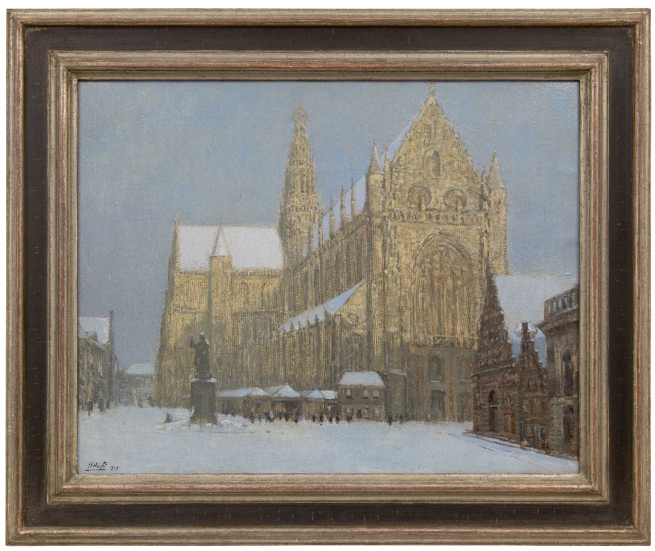 Heuff H.D.  | 'Herman' Davinus Heuff | Schilderijen te koop aangeboden | De St. Bavokerk in Haarlem in de sneeuw, olieverf op doek 49,3 x 63,2 cm, gesigneerd linksonder en gedateerd 1919