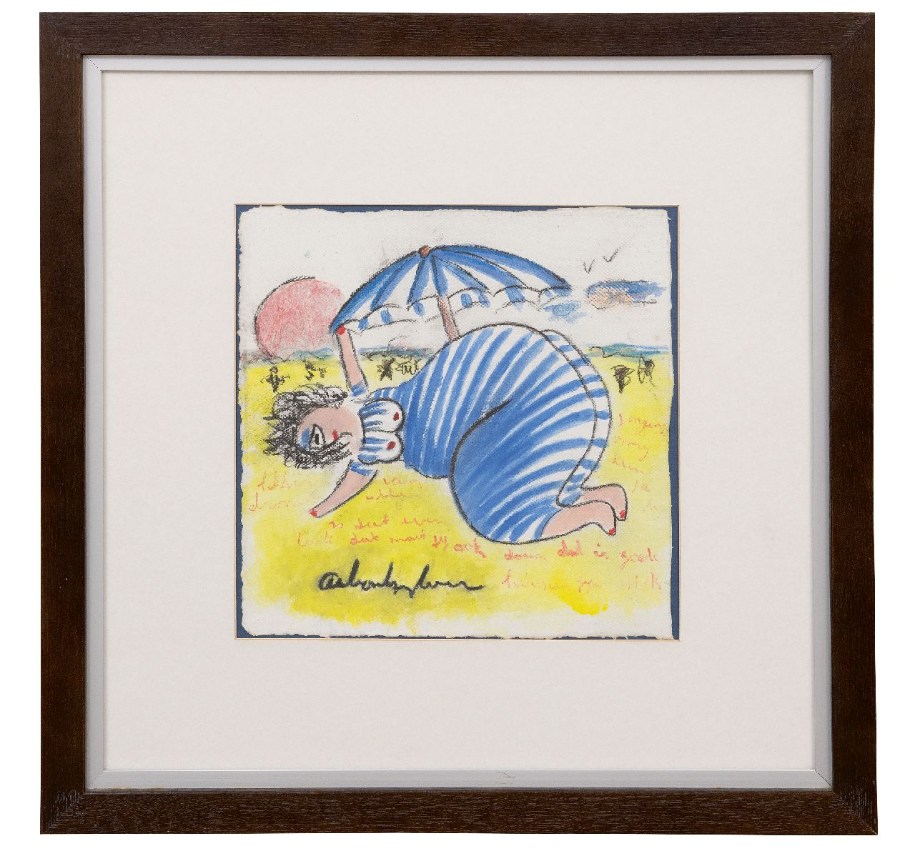 Heyboer A.  | Anton Heyboer | Aquarellen en tekeningen te koop aangeboden | Zonnebaadster onder een parasol, krijt en gouache op papier 28,0 x 28,0 cm, gesigneerd middenonder