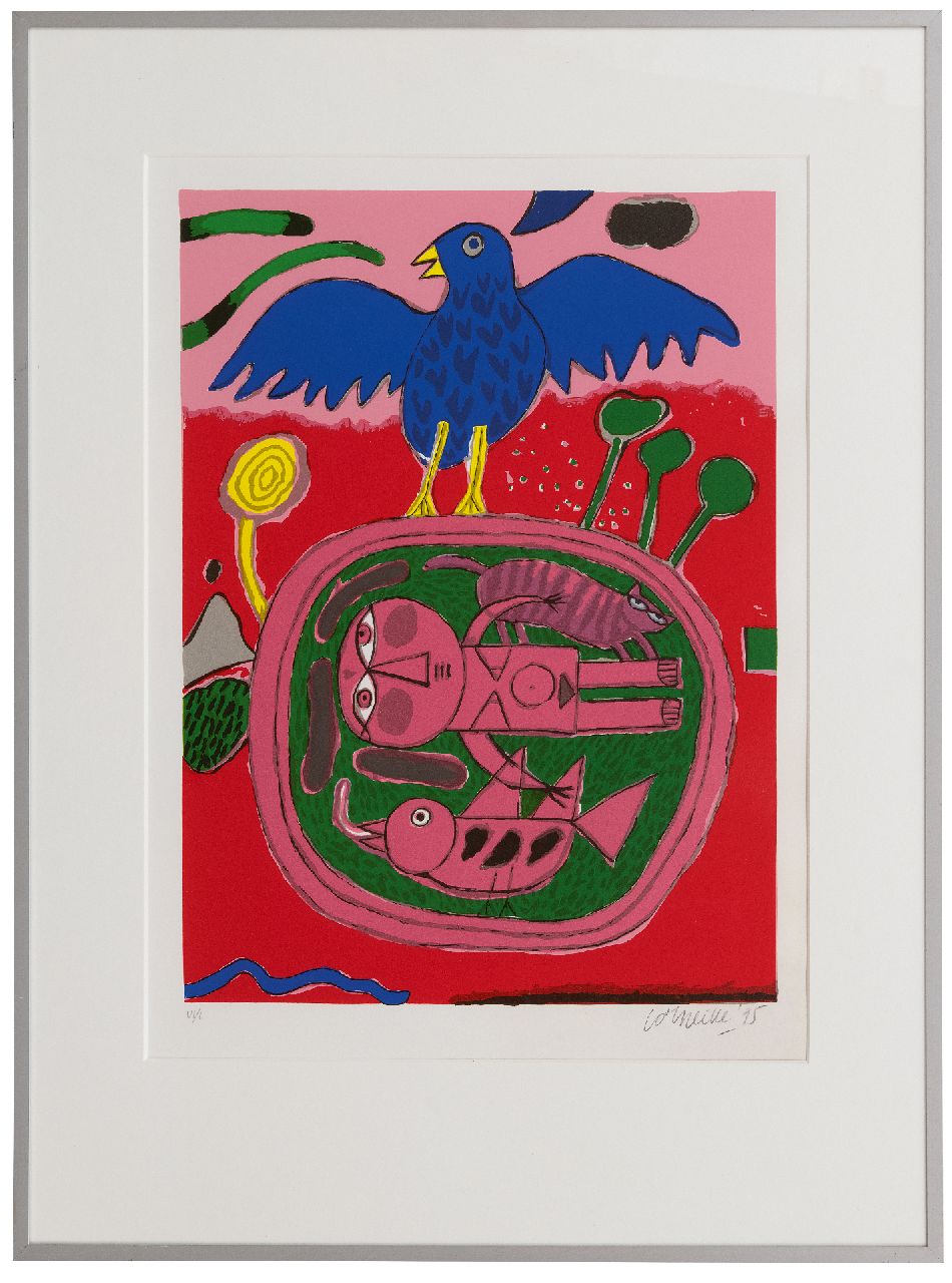 Corneille ('Corneille' Guillaume Beverloo)   | Corneille ('Corneille' Guillaume Beverloo) | Grafiek te koop aangeboden | Vrouw, kat en vogels, litho 45,0 x 33,0 cm, gesigneerd rechtsonder en gedateerd '95