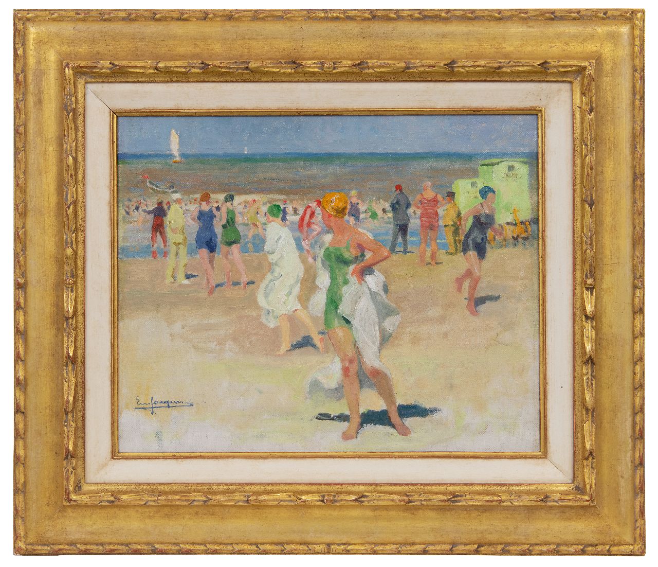 Jacques E.  | Emile Jacques | Schilderijen te koop aangeboden | Strandgezicht met badgasten, olieverf op doek 34,1 x 41,3 cm, gesigneerd linksonder