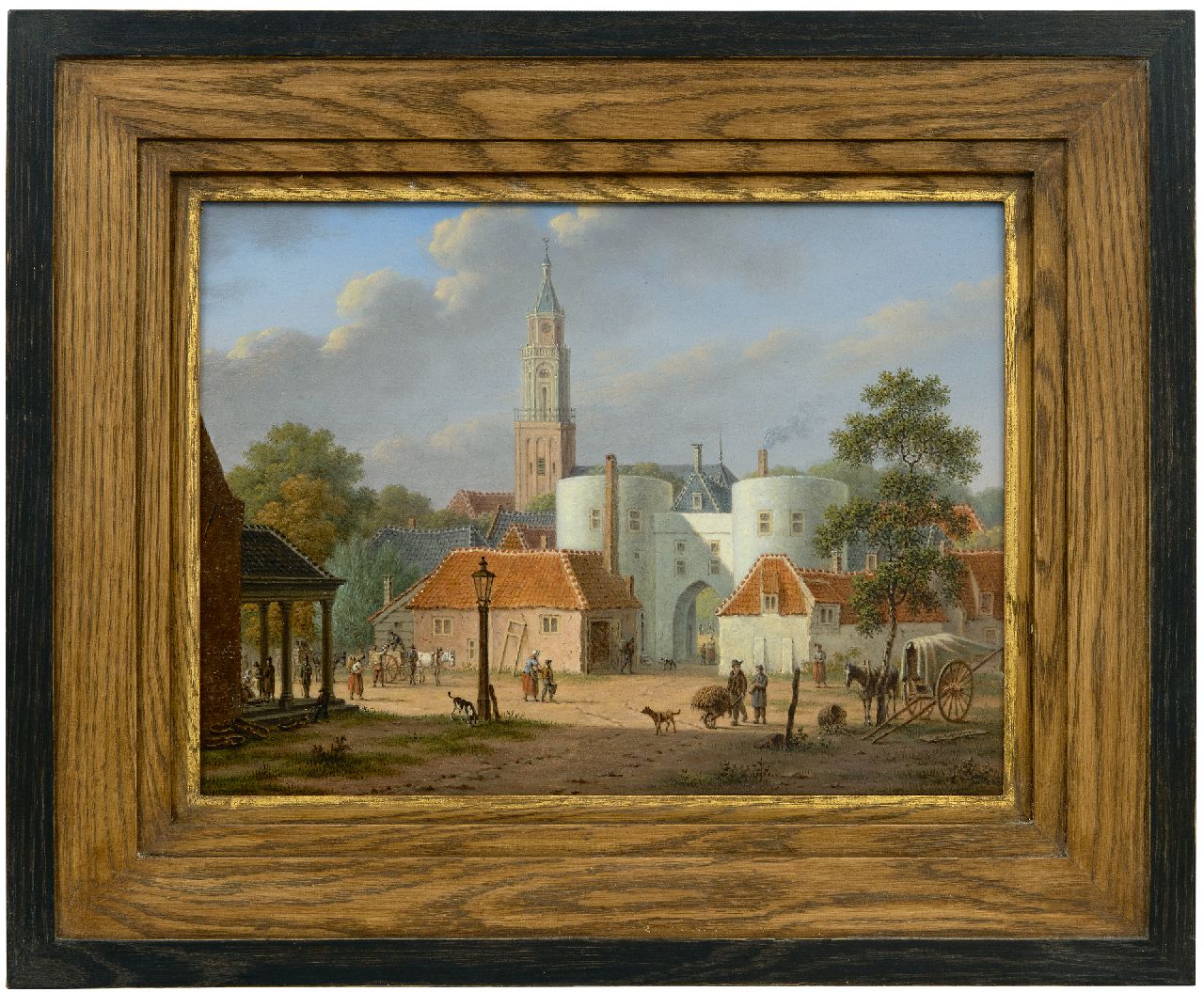 Goeje P. de | Pieter de Goeje | Schilderijen te koop aangeboden | De Sabelspoort in Arnhem gezien vanaf de Rijn, met links de vismarkt, olieverf op paneel 23,4 x 31,2 cm, gesigneerd rechtsonder en te dateren ca. 1848