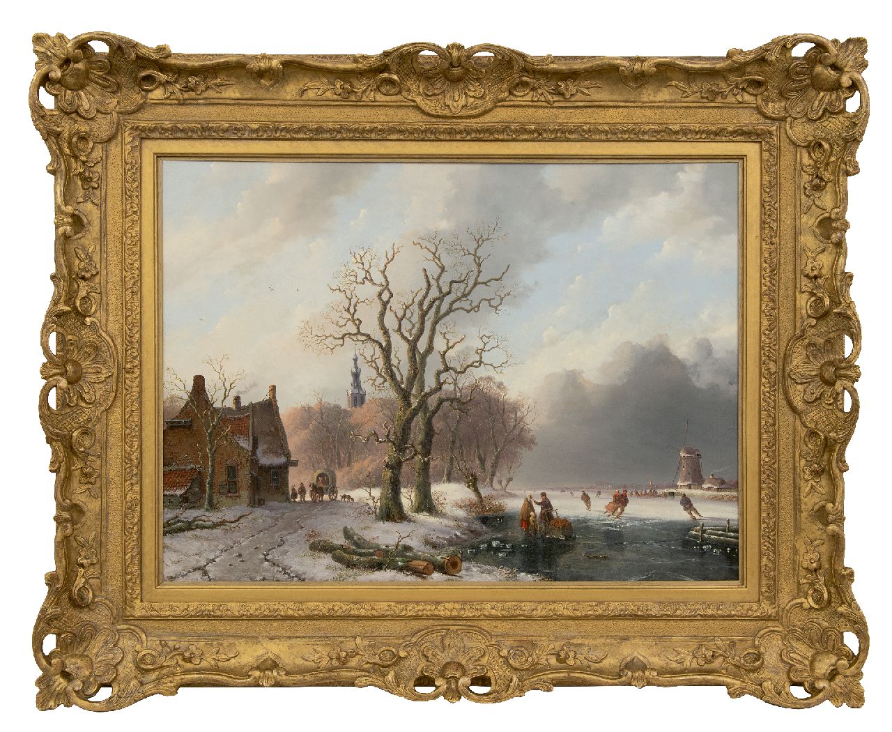 Meijier A.A. de | Anthony Andreas de Meijier | Schilderijen te koop aangeboden | Schaatsers op het ijs bij een stadje, olieverf op paneel 52,1 x 72,1 cm, gesigneerd linksonder
