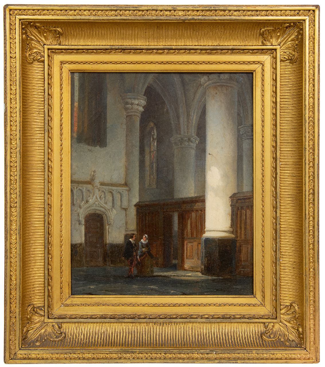 Springer C.  | Cornelis Springer | Schilderijen te koop aangeboden | Man en vrouw in een kerkinterieur, olieverf op doek 32,9 x 27,3 cm, gesigneerd linksonder met monogram en gedateerd '44