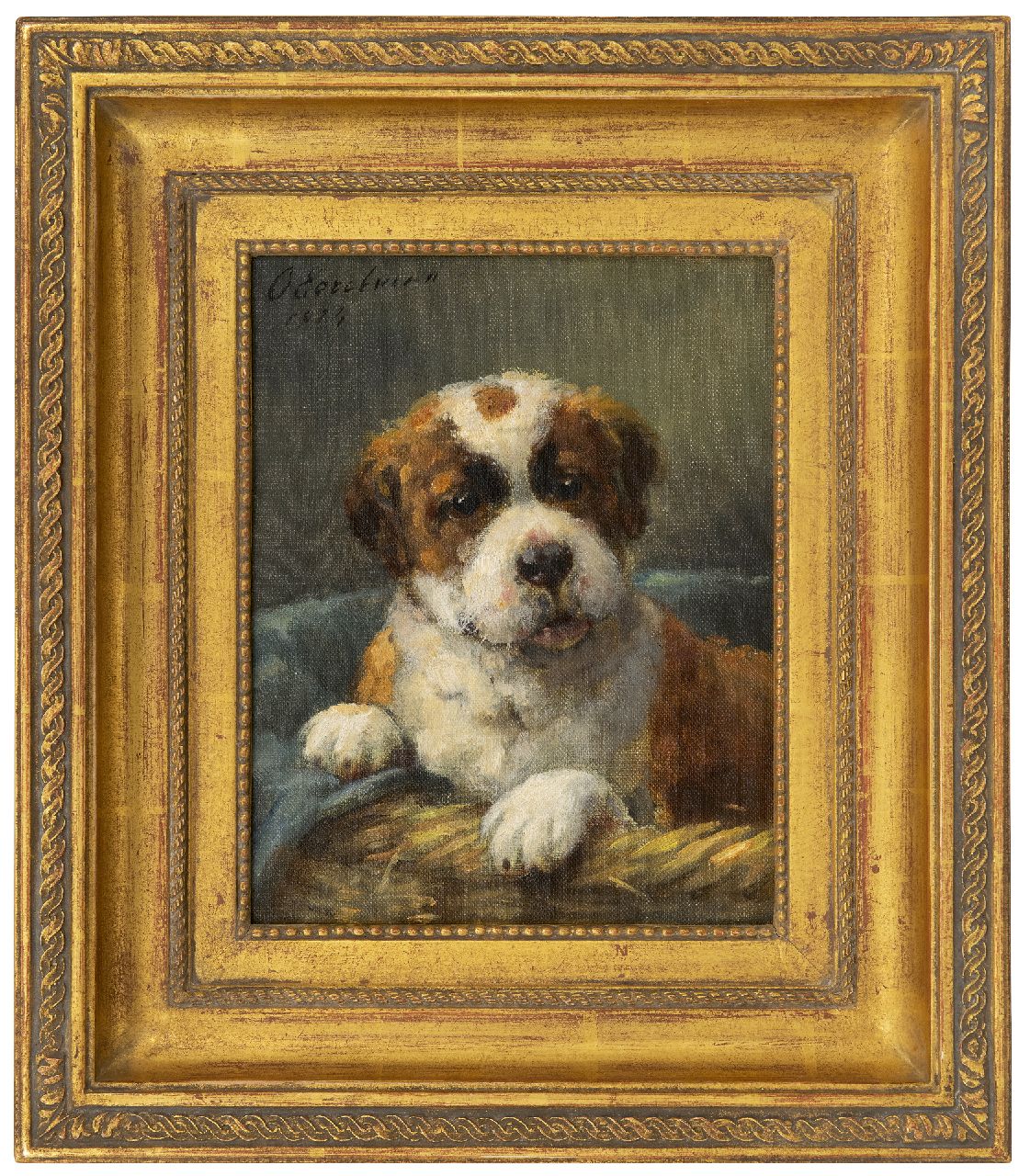 Eerelman O.  | Otto Eerelman, Sint-Bernard pup in z'n mandje, olieverf op schildersboard 23,8 x 18,8 cm, gesigneerd linksboven en gedateerd 1924
