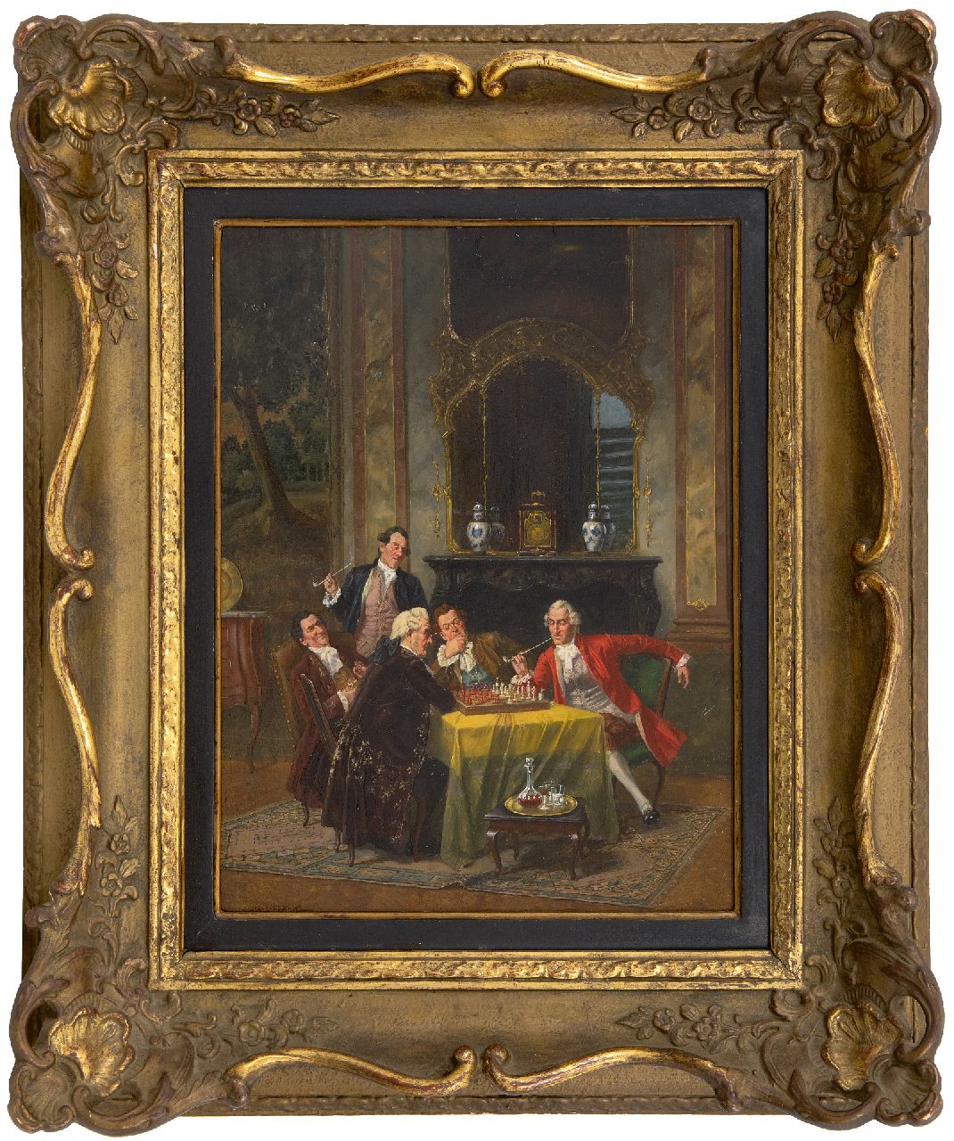 Franke A.J.  | Albert Joseph Franke | Schilderijen te koop aangeboden | Een spannende schaakpartij, olieverf op paneel 40,1 x 29,6 cm, gesigneerd linksonder