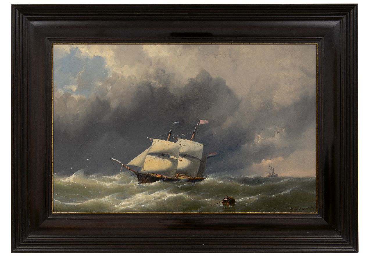 Koekkoek jr. H.  | Hermanus Koekkoek jr. | Schilderijen te koop aangeboden | Brik voor de kust bij zwaar weer, olieverf op paneel 28,1 x 44,1 cm, gesigneerd rechtsonder