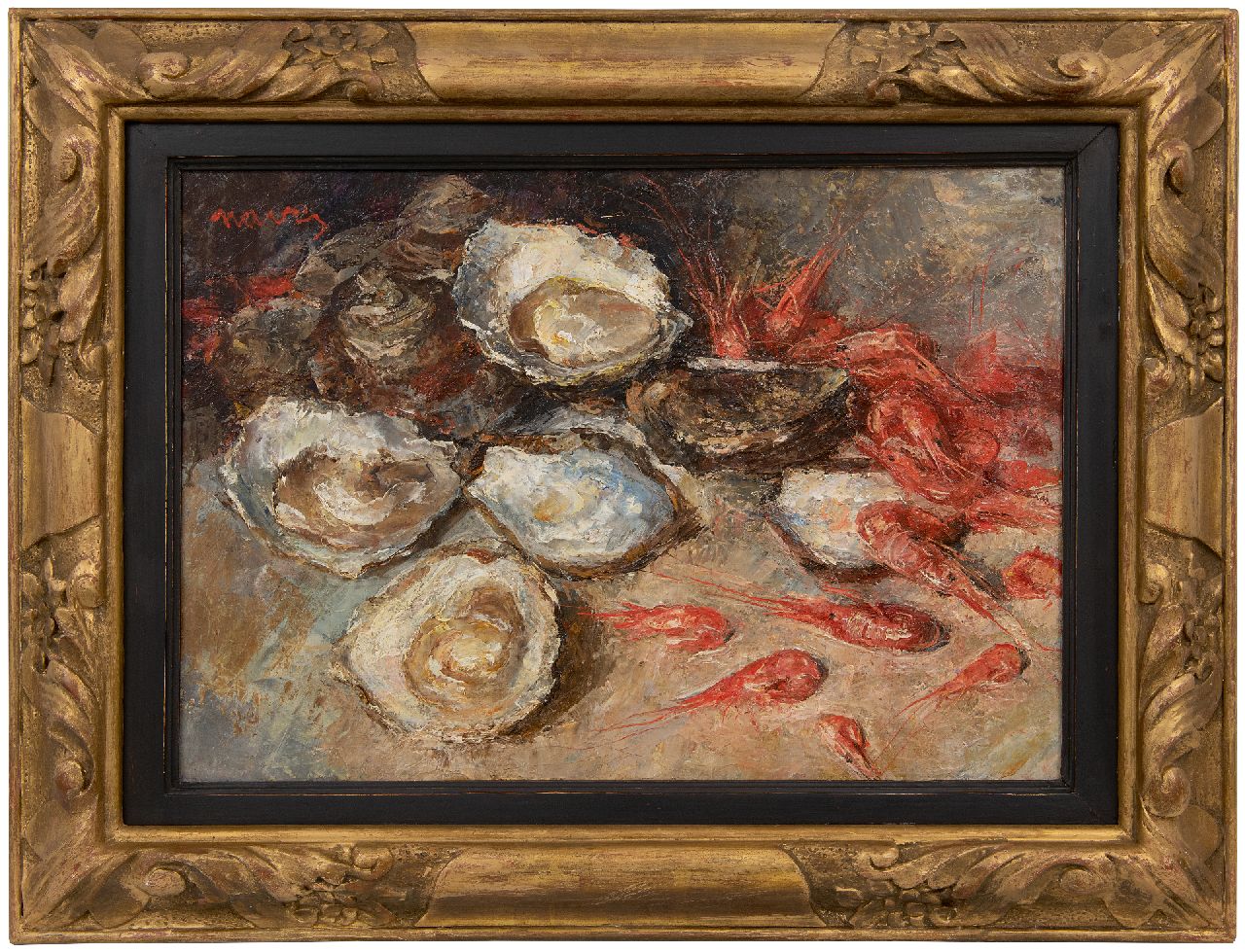 Navez A.  | Arthur Navez | Schilderijen te koop aangeboden | Stilleven van oesters en garnalen, olieverf op doek 35,0 x 50,2 cm, gesigneerd linksboven