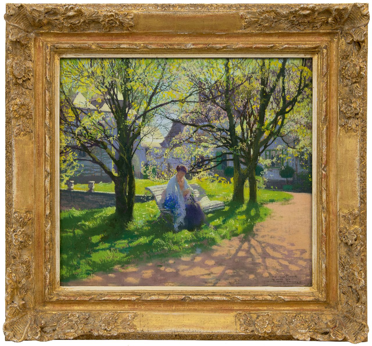 Baes F.  | Firmin Baes, Jonge vrouw, breiend in de tuin, pastel op papier 45,0 x 49,8 cm, gesigneerd rechtsonder en gedateerd 19 april 1914