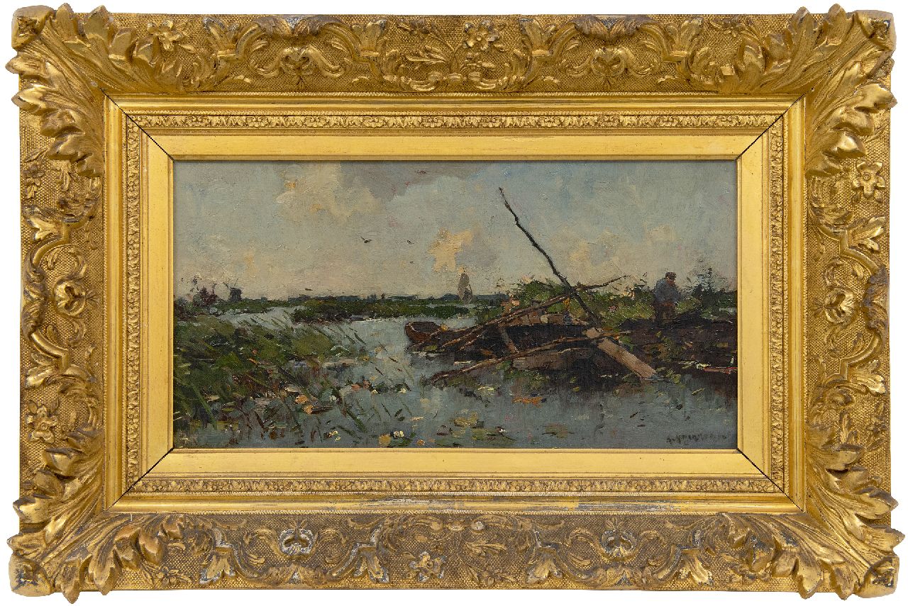 Knikker A.  | Aris Knikker | Schilderijen te koop aangeboden | Polderlandschap met schuiten, olieverf op doek op board 21,6 x 40,6 cm, gesigneerd rechtsonder