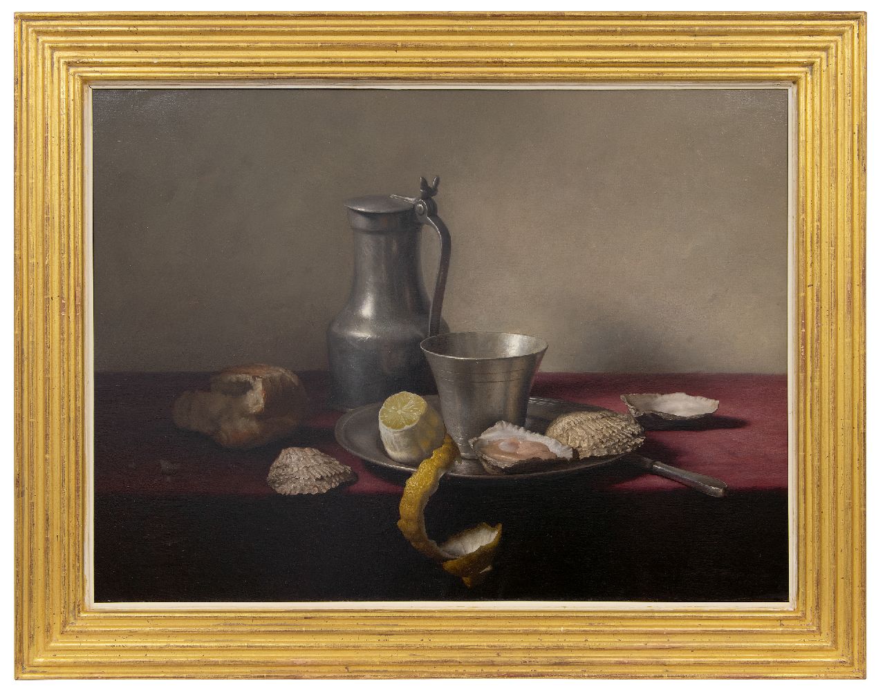 Eversen J.H.  | Johannes Hendrik 'Jan' Eversen | Schilderijen te koop aangeboden | Stilleven met tinnen vaatwerk, citroen en oesters, olieverf op doek 51,0 x 70,8 cm, gesigneerd rechtsonder en gedateerd 1957