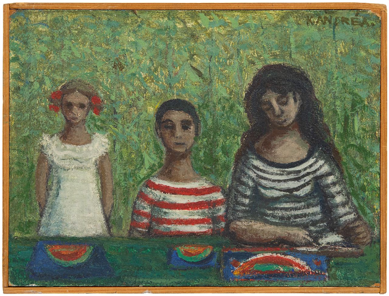 Andréa C.  | Cornelis 'Kees' Andréa | Schilderijen te koop aangeboden | Drie figuren, olieverf op board 17,9 x 23,9 cm, gesigneerd rechtsboven