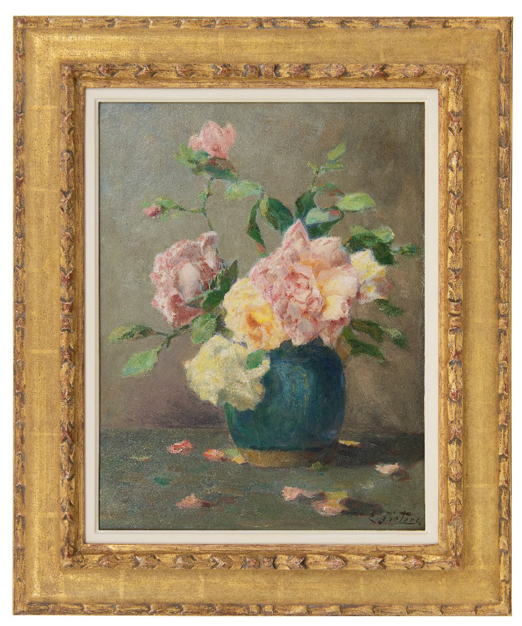 Pieters E.  | Evert Pieters | Schilderijen te koop aangeboden | Gemberpot met rozen, olieverf op paneel 40,9 x 31,7 cm, gesigneerd rechtsonder
