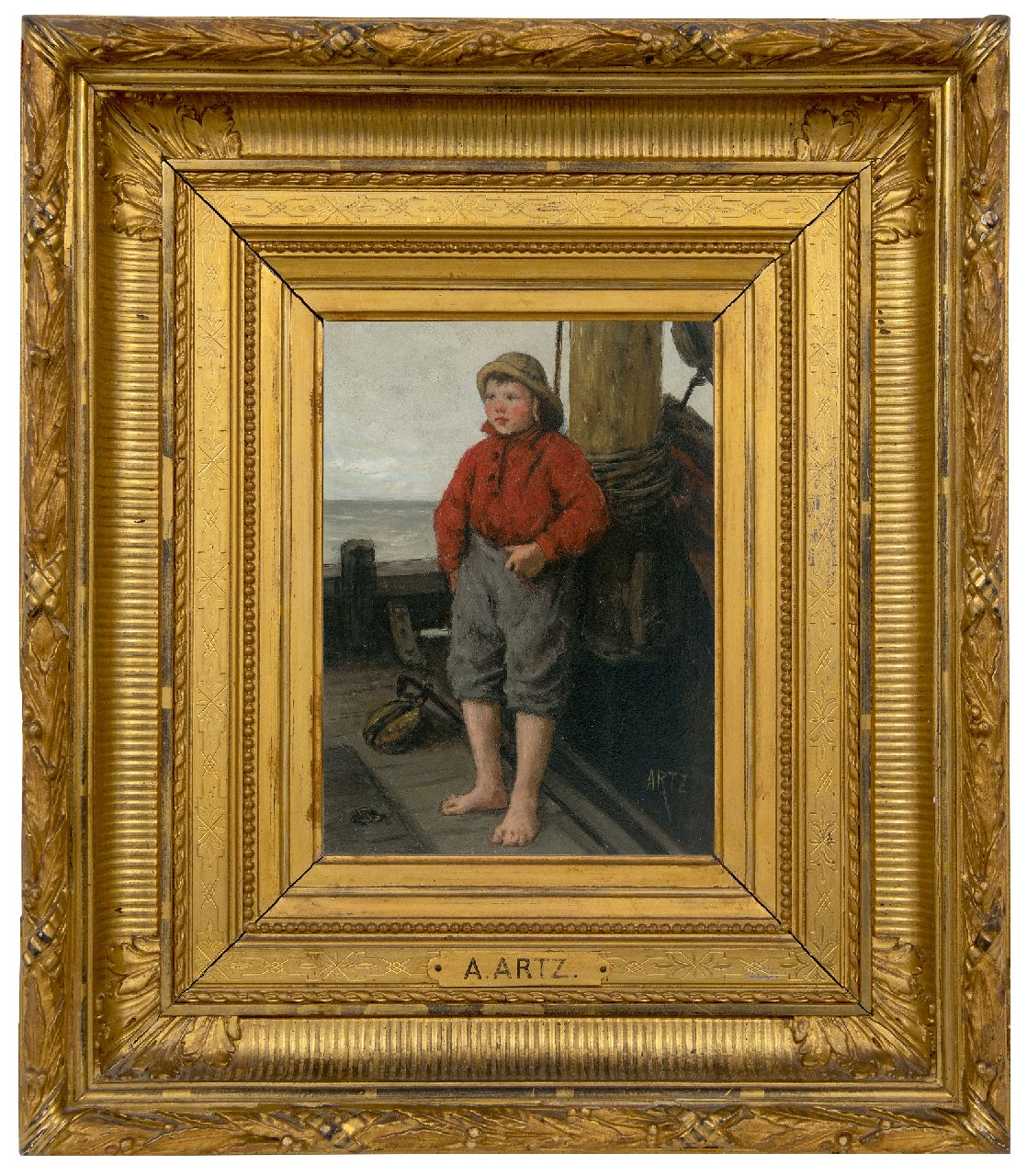 Artz D.A.C.  | David Adolphe Constant Artz | Schilderijen te koop aangeboden | Katwijkse vissersjongen in roodbaaien hemd (alleen tezamen met pendant), olieverf op paneel 22,5 x 16,2 cm, gesigneerd rechtsonder