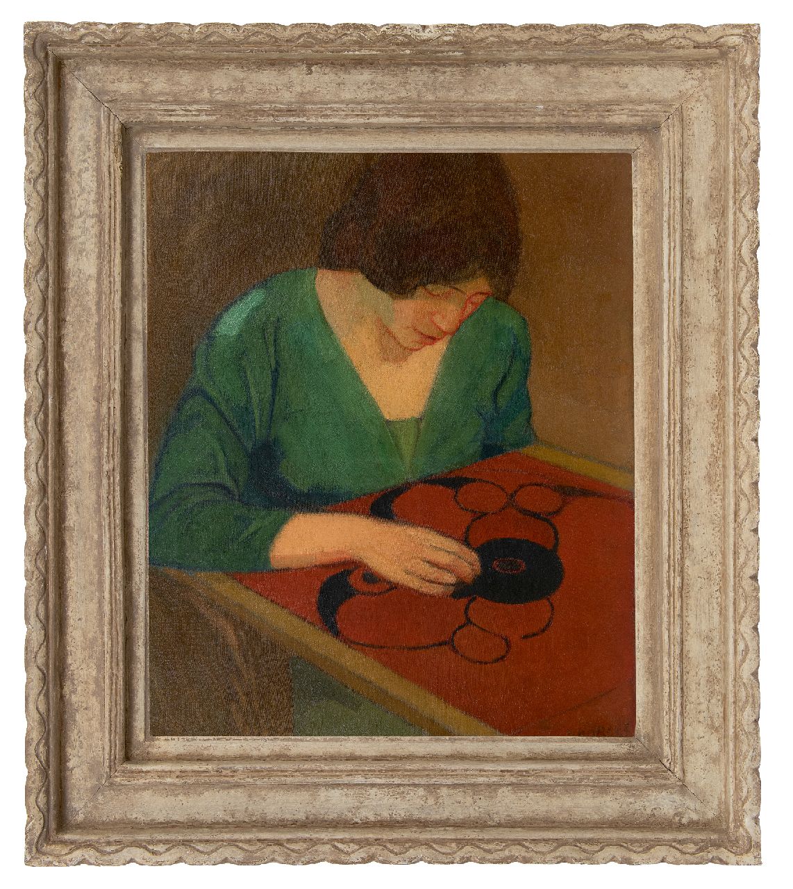 Rees O. van | Otto van Rees | Schilderijen te koop aangeboden | Adya bordurend aan rode broderie, olieverf op doek 65,2 x 54,0 cm, gesigneerd rechtsonder en gedateerd 1910