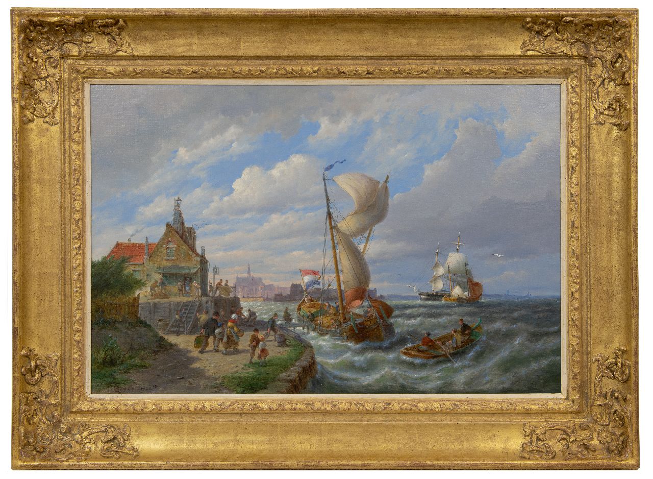 Dommershuijzen P.C.  | Pieter Cornelis Dommershuijzen | Schilderijen te koop aangeboden | Het vertrek van het veer, olieverf op doek 50,7 x 76,2 cm, gesigneerd linksonder en gedateerd 1912