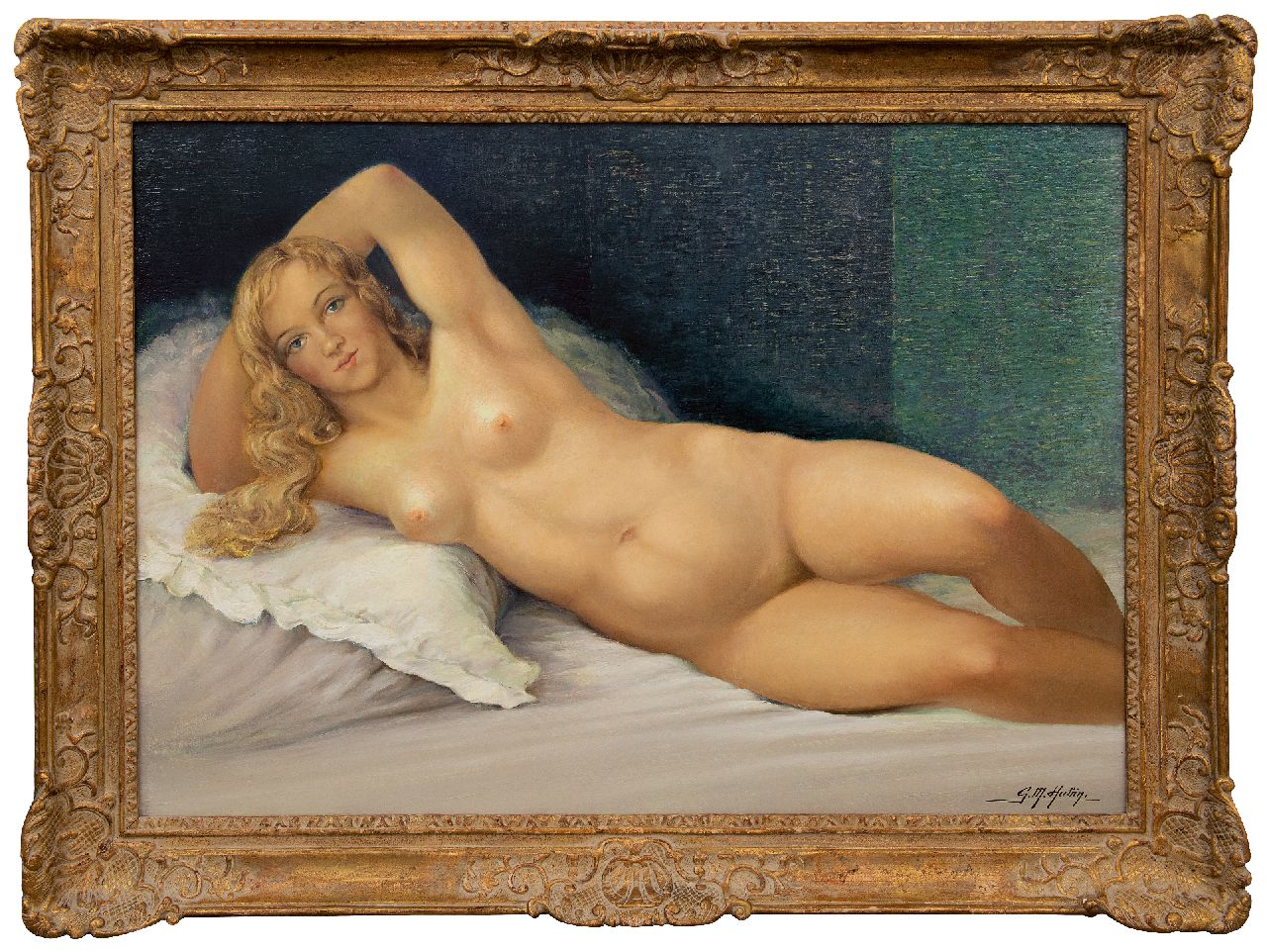 Hubin G.M.  | Gilbert Maurice Hubin | Schilderijen te koop aangeboden | Liggend naakt, olieverf op doek 74,0 x 102,2 cm, gesigneerd rechtsonder