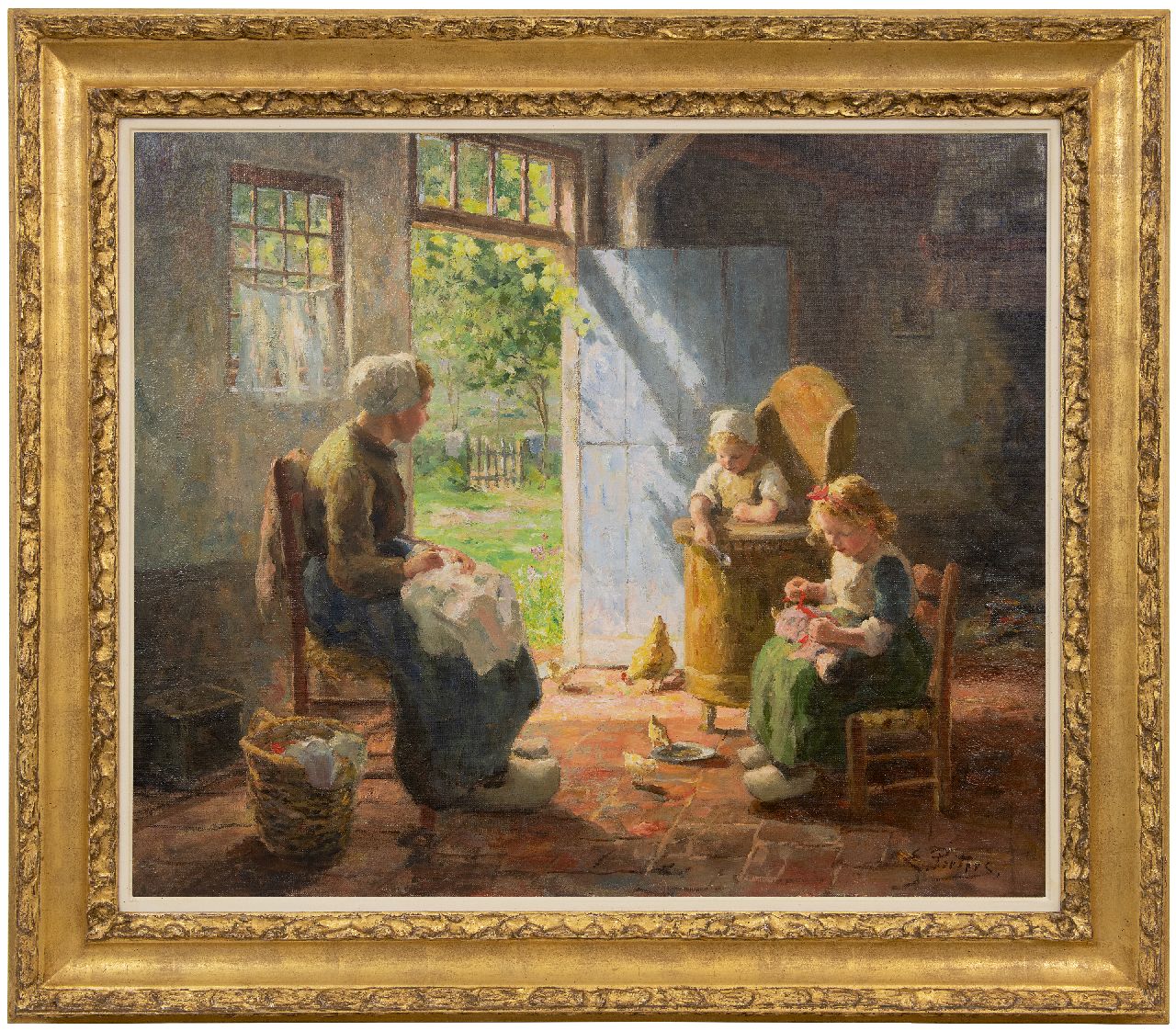 Pieters E.  | Evert Pieters | Schilderijen te koop aangeboden | Zonnig Larens binnenhuisje met moeder en kinderen, olieverf op doek 68,1 x 81,2 cm, gesigneerd rechtsonder