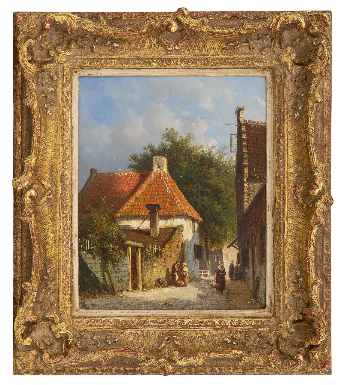 Eversen A.  | Adrianus Eversen | Schilderijen te koop aangeboden | Zonnig straatje in Amsterdam, olieverf op paneel 18,8 x 15,2 cm, gesigneerd linksonder met monogram