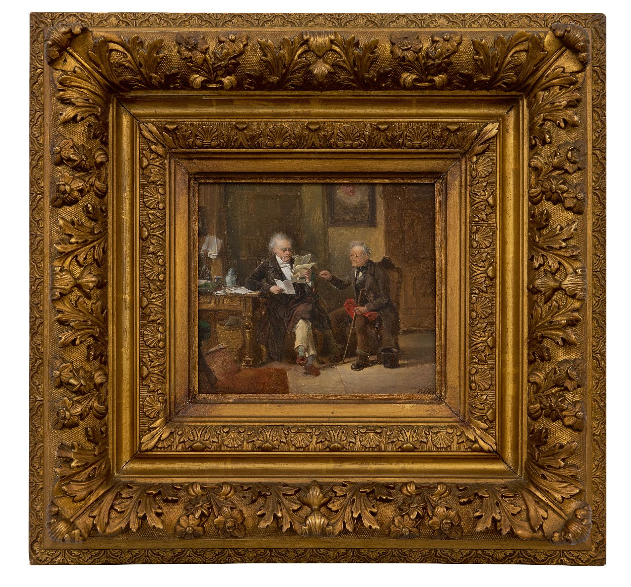 Bles D.J.  | David Joseph Bles | Schilderijen te koop aangeboden | Bij de notaris, olieverf op paneel 17,7 x 19,8 cm, gesigneerd rechtsonder