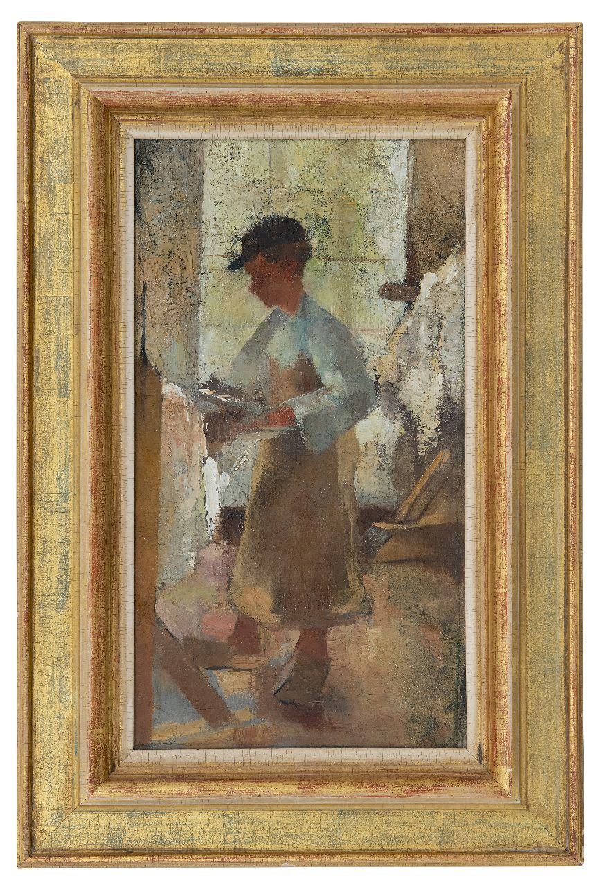Rappard A.G.A. van | 'Anthon' Gerhard Alexander van Rappard | Schilderijen te koop aangeboden | Jonge arbeider aan een spanbok, olieverf op doek 45,1 x 25,4 cm