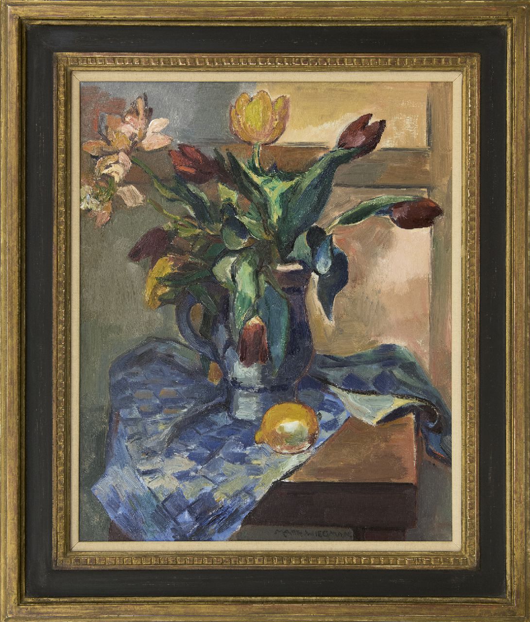 Wiegman M.J.M.  | Mattheus Johannes Marie 'Matthieu' Wiegman, Stilleven met tulpen en een citroen, olieverf op doek 61,4 x 50,1 cm, gesigneerd middenonder
