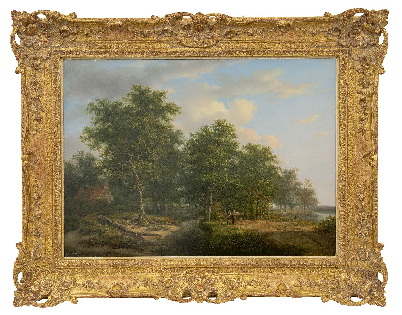 Schelfhout A.  | Andreas Schelfhout | Schilderijen te koop aangeboden | Boslandschap met figuren bij een riviertje (Pendant van winterlandschap), olieverf op paneel 52,8 x 72,5 cm, gesigneerd linksonder en te dateren ca. 1815