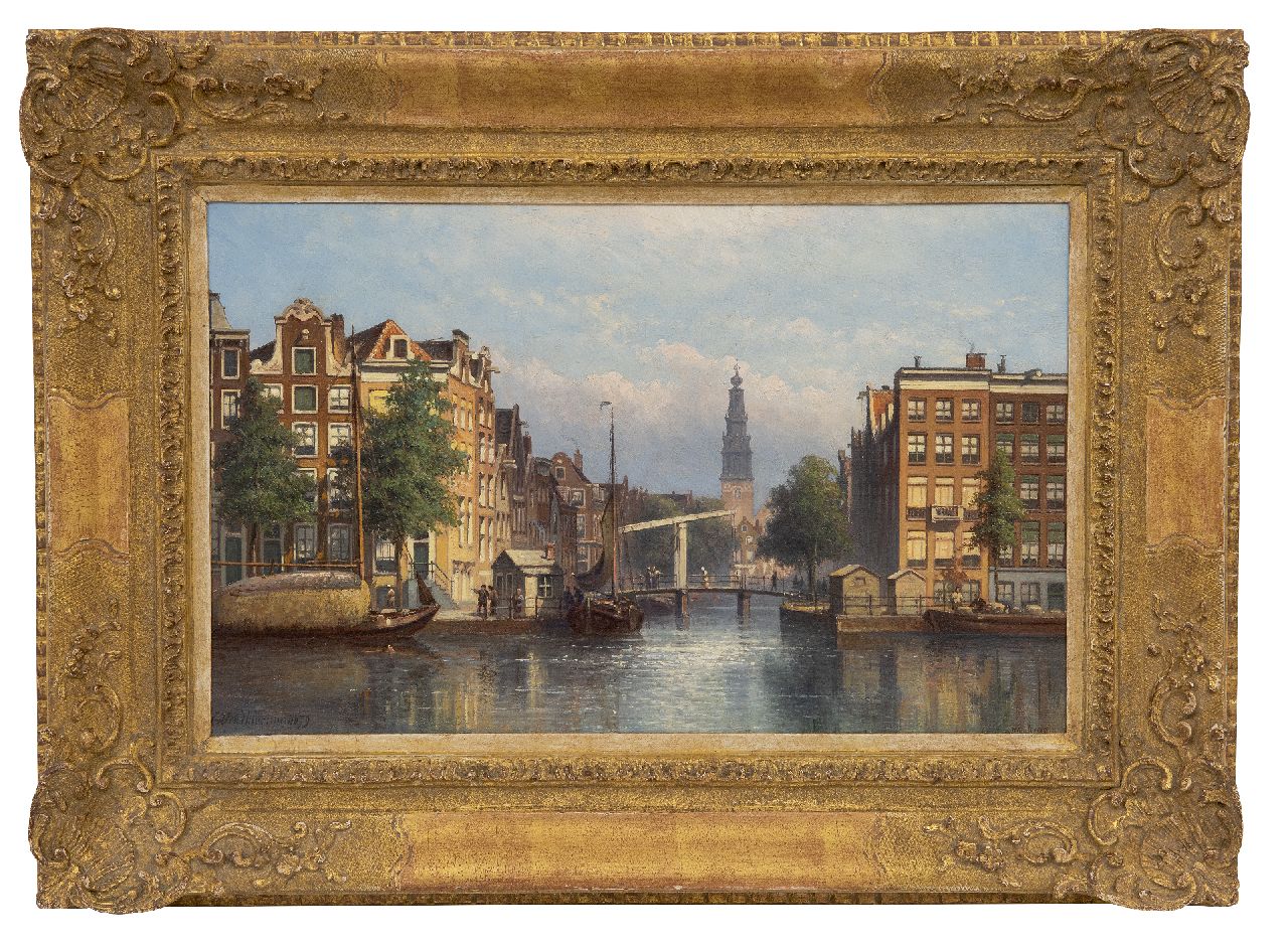 Hilverdink E.A. | Eduard Alexander Hilverdink, Gezicht op de Groenburgwal in Amsterdam, gezien vanaf de Amstel, olieverf op doek 29,5 x 46,7 cm, gesigneerd linksonder en gedateerd '79 Hilverdink E.A. | Eduard Alexander Hilverdink, Gezicht op de Groenburgwal in Amsterdam, gezien vanaf de Amstel, olieverf op doek 29,5 x 46,7 cm, gesigneerd linksonder en gedateerd '79