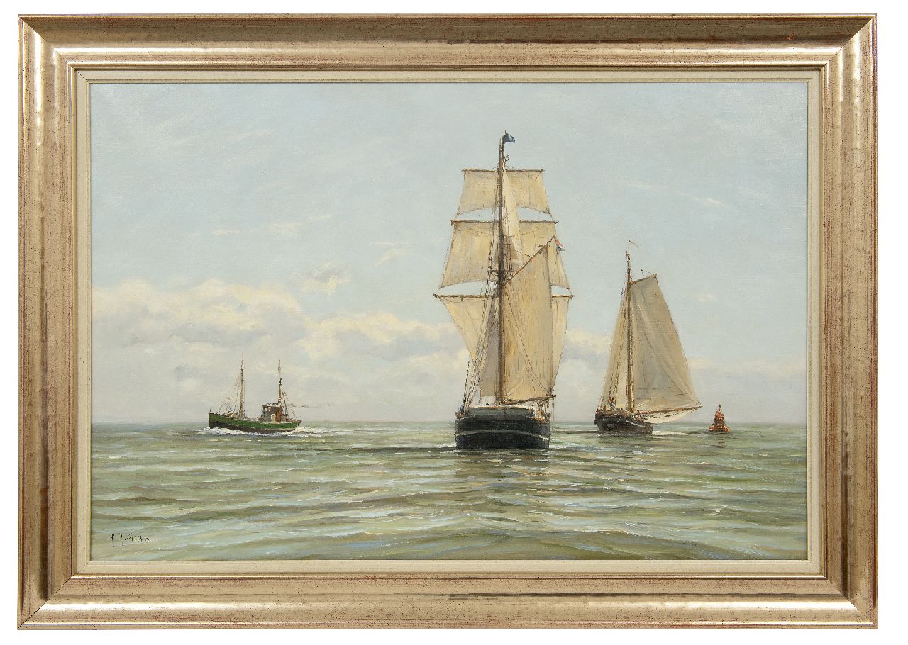 Goosen F.J.  | Frederik Johannes 'Frits' Goosen | Schilderijen te koop aangeboden | Zeilende vrachtschepen en viskotter op zee, olieverf op doek 60,3 x 90,0 cm, gesigneerd linksonder