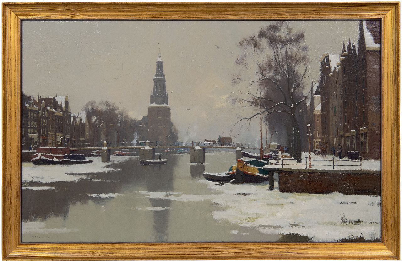 Ligtelijn E.J.  | Evert Jan Ligtelijn | Schilderijen te koop aangeboden | Winters gezicht op de Montelbaanstoren in Amsterdam, olieverf op doek 56,8 x 90,6 cm, gesigneerd linksonder