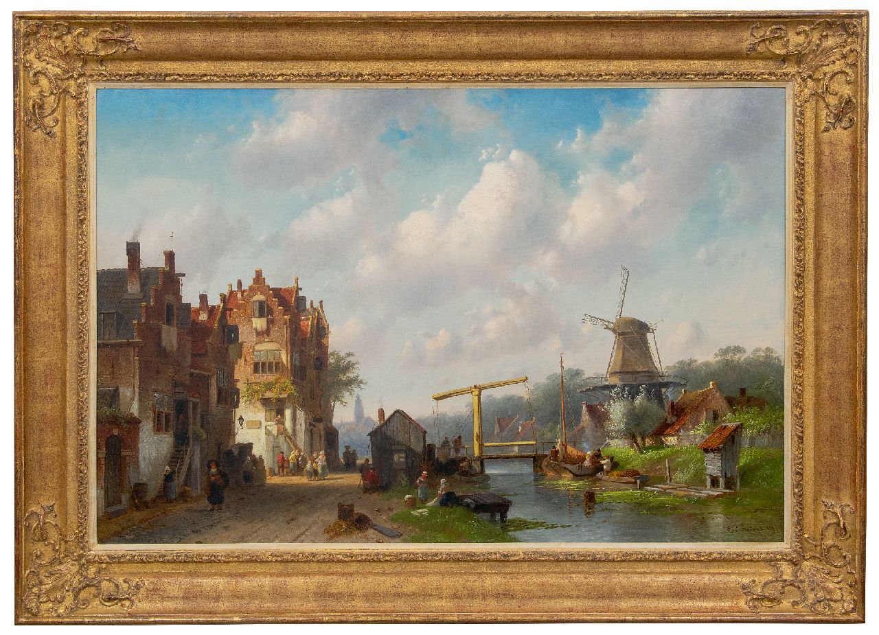 Leickert C.H.J.  | 'Charles' Henri Joseph Leickert | Schilderijen te koop aangeboden | Hollands dorpsgezicht met ophaalbrug, olieverf op doek 77,9 x 114,4 cm, gesigneerd rechtsonder en gedateerd '76