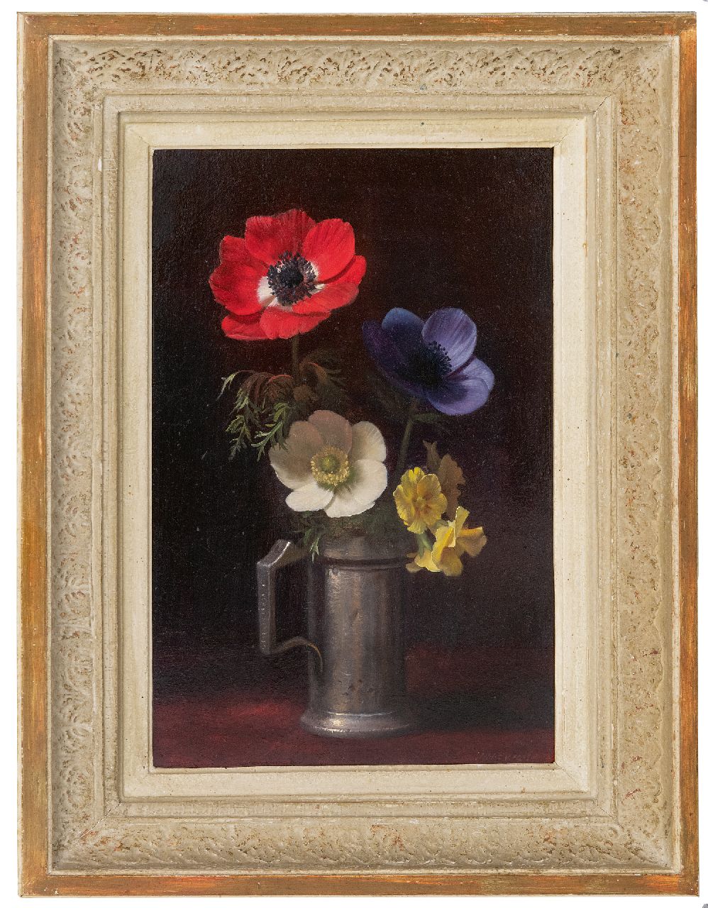 Eversen J.H.  | Johannes Hendrik 'Jan' Eversen | Schilderijen te koop aangeboden | Stilleven met anemonen en primula in tinnen kan, olieverf op paneel 33,0 x 23,1 cm, gesigneerd rechtsonder