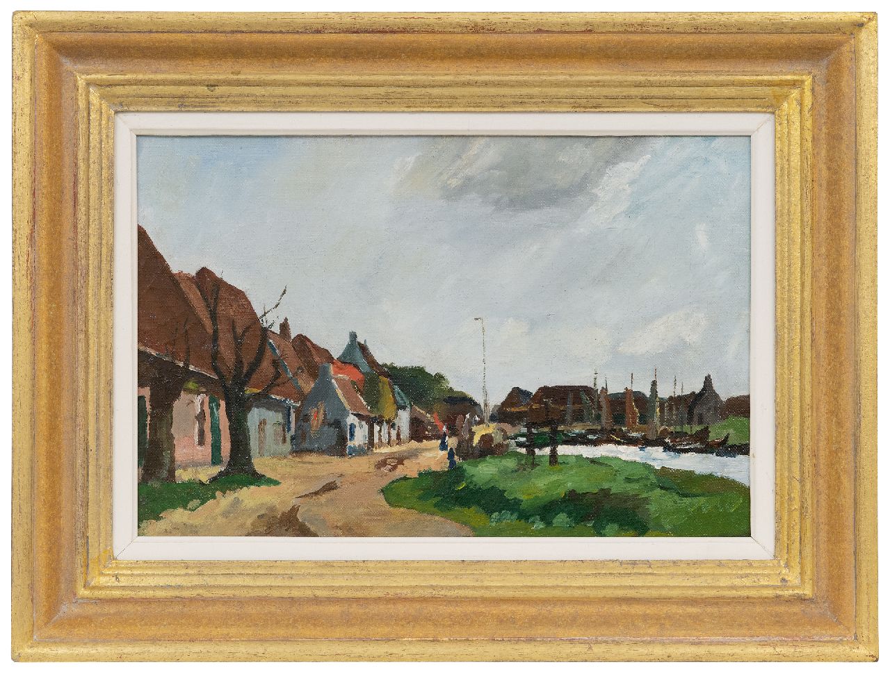 Vuuren J. van | Jan van Vuuren | Schilderijen te koop aangeboden | Stadsgezicht met haven, olieverf op doek 24,4 x 36,4 cm