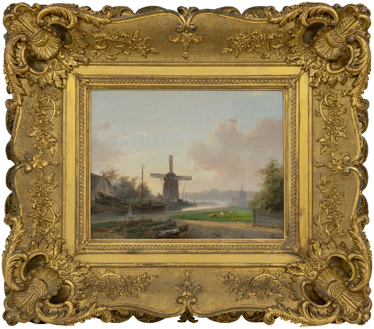 Schelfhout A.  | Andreas Schelfhout | Schilderijen te koop aangeboden | Vroege ochtend bij een scheepswerfje (alleen tezamen met pendant winter), olieverf op paneel 25,4 x 32,8 cm, gesigneerd linksonder