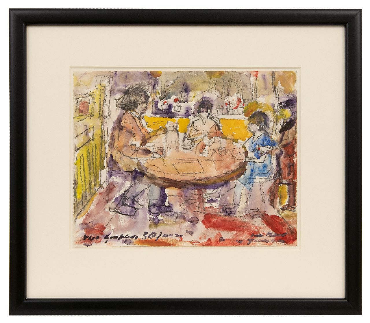 Verwey K.  | Kees Verwey | Aquarellen en tekeningen te koop aangeboden | Godfried en Pietsie Bomans met hun dochter aan tafel, krijt en aquarel op papier 24,0 x 30,5 cm, gesigneerd rechtsonder en te dateren ca. 1971