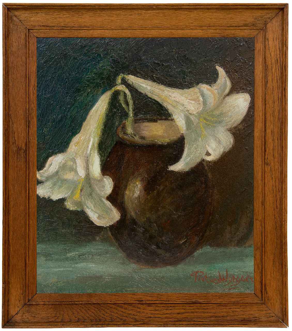 Wijngaerdt P.T. van | Petrus Theodorus 'Piet' van Wijngaerdt | Schilderijen te koop aangeboden | Lelietak in een vaas, olieverf op paneel 35,1 x 32,4 cm, gesigneerd rechtsonder