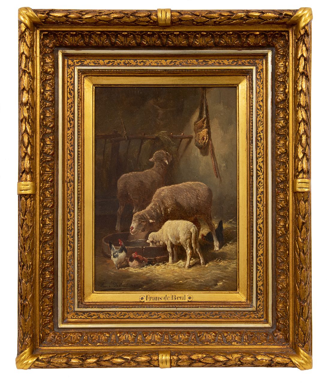 Beul F. de | Frans de Beul | Schilderijen te koop aangeboden | Schapen in de stal  (alleen tezamen), olieverf op paneel 34,3 x 23,2 cm, gesigneerd linksonder en gedateerd 1883