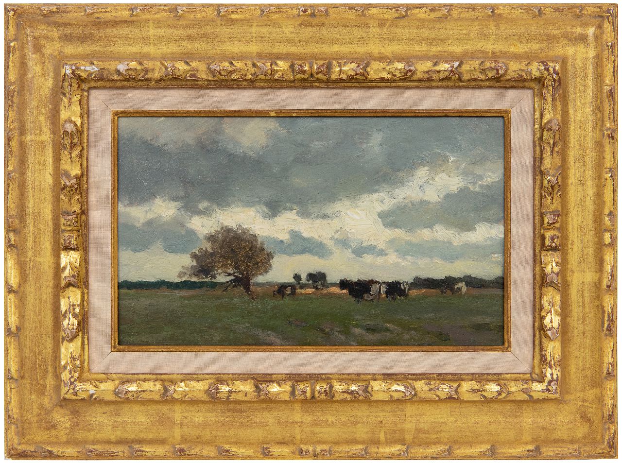 Weissenbruch H.J.  | Hendrik Johannes 'J.H.' Weissenbruch, Landschap met koeien, olieverf op paneel 15,0 x 25,1 cm