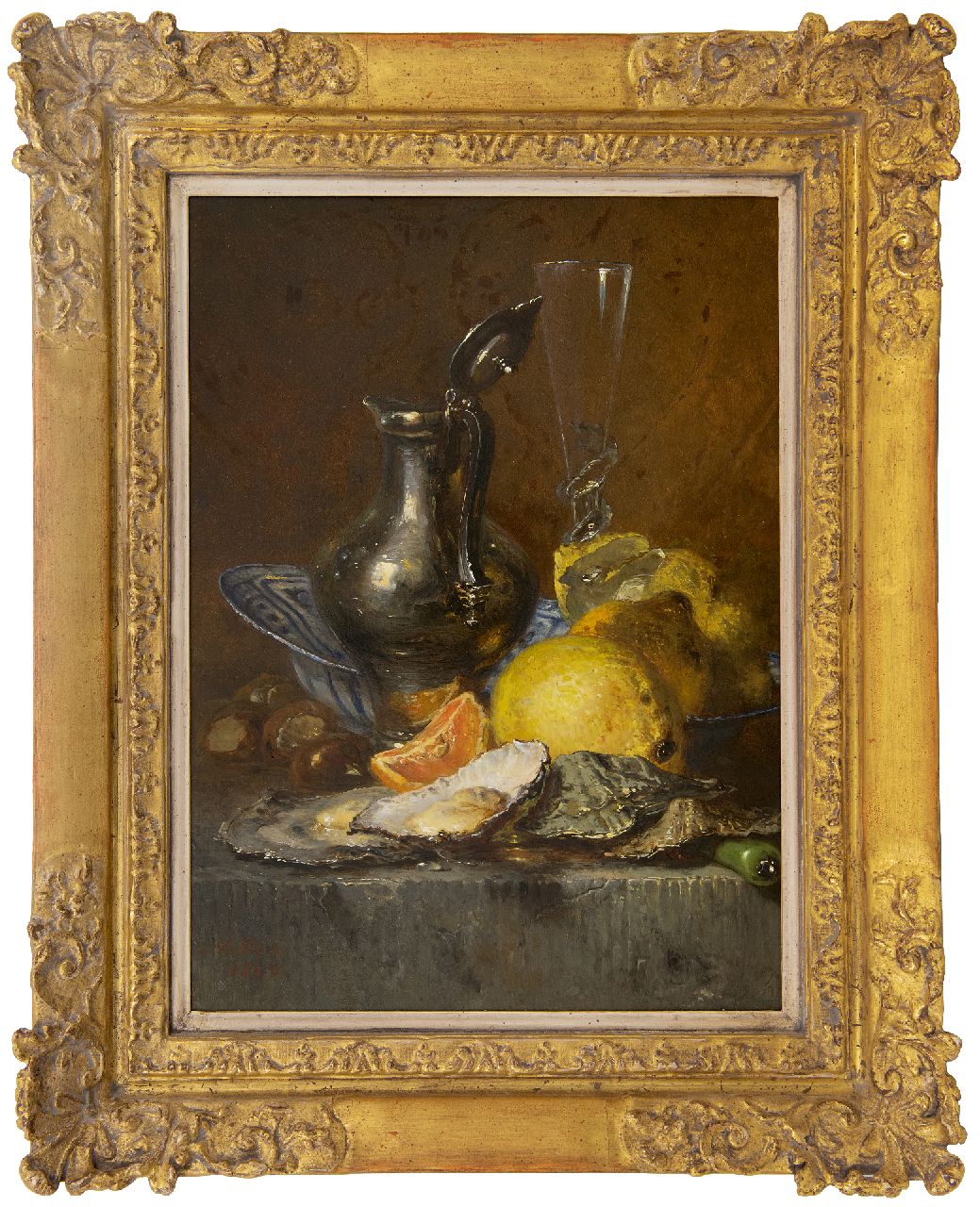 Vos M.  | Maria Vos, Stilleven met oesters, citroenen en zilveren kan, olieverf op paneel 38,6 x 27,6 cm, gesigneerd linksonder en gedateeerd 1880
