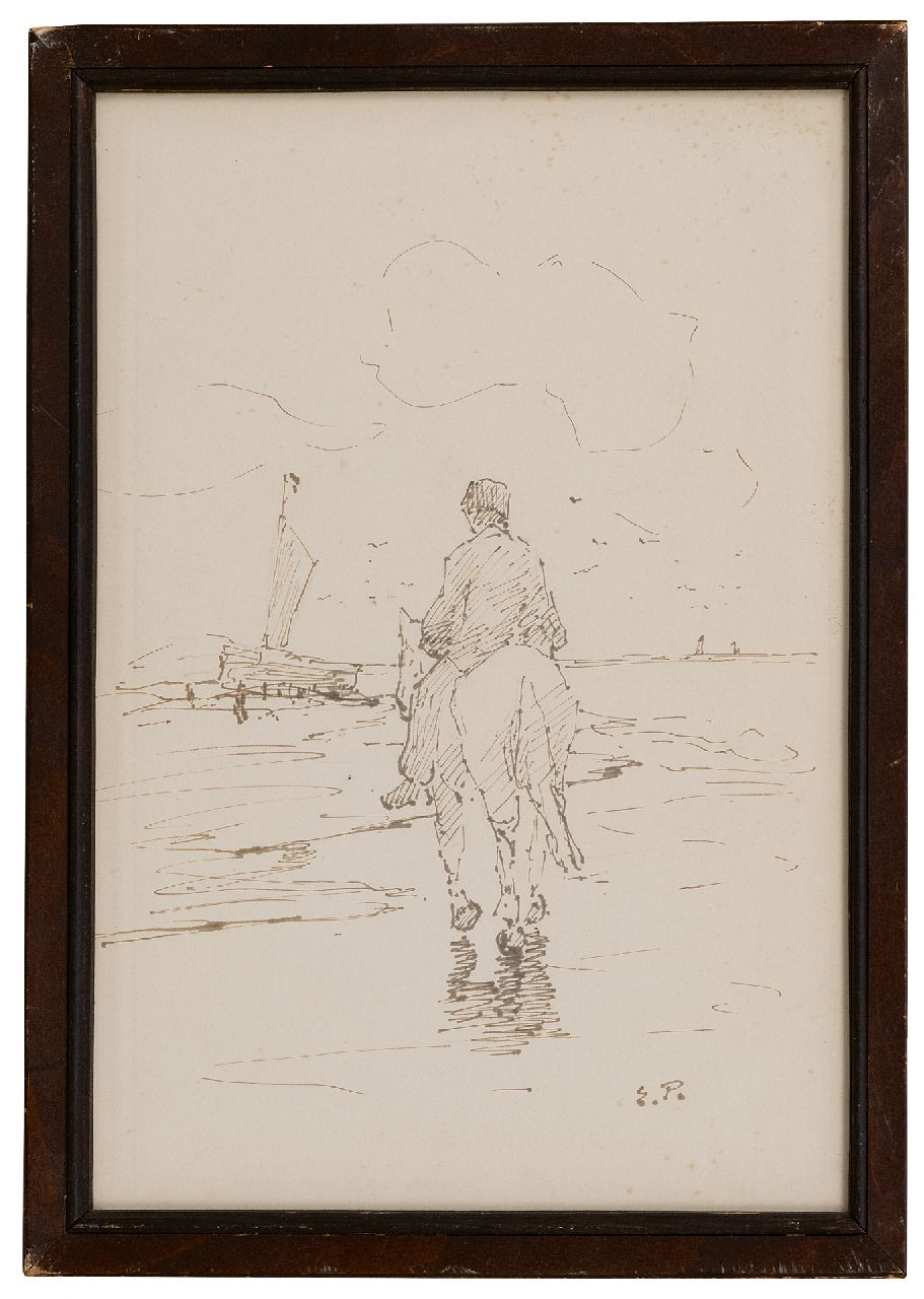 Pieters E.  | Evert Pieters | Aquarellen en tekeningen te koop aangeboden | Lijnhaalder te paard op het strand, inkt op papier 32,5 x 22,2 cm, gesigneerd rechtsonder met monogram
